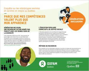 Million, F. (dir.), Belleus C., Contente, T-M., Gouba, B., Guevara, C.,  Monjaraz, C., Michel, N., Moreau, R. et Paradis Caron, J. (2021). Parce que mes compétences valent plus que mon apparence. Enquête sur les stéréotypes sexistes et racistes en emploi au Québec [Synthèse]. Oxfam-Québec.