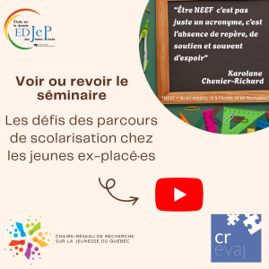 Goyette, M., Picard, J., Chénier-Richard, K., Bernier, B. (2025, 15 octobre). Les défis des parcours de scolarisation chez les jeunes ex-placé.es [Conférence enregistrée]. ÉNAP. Panopoto.